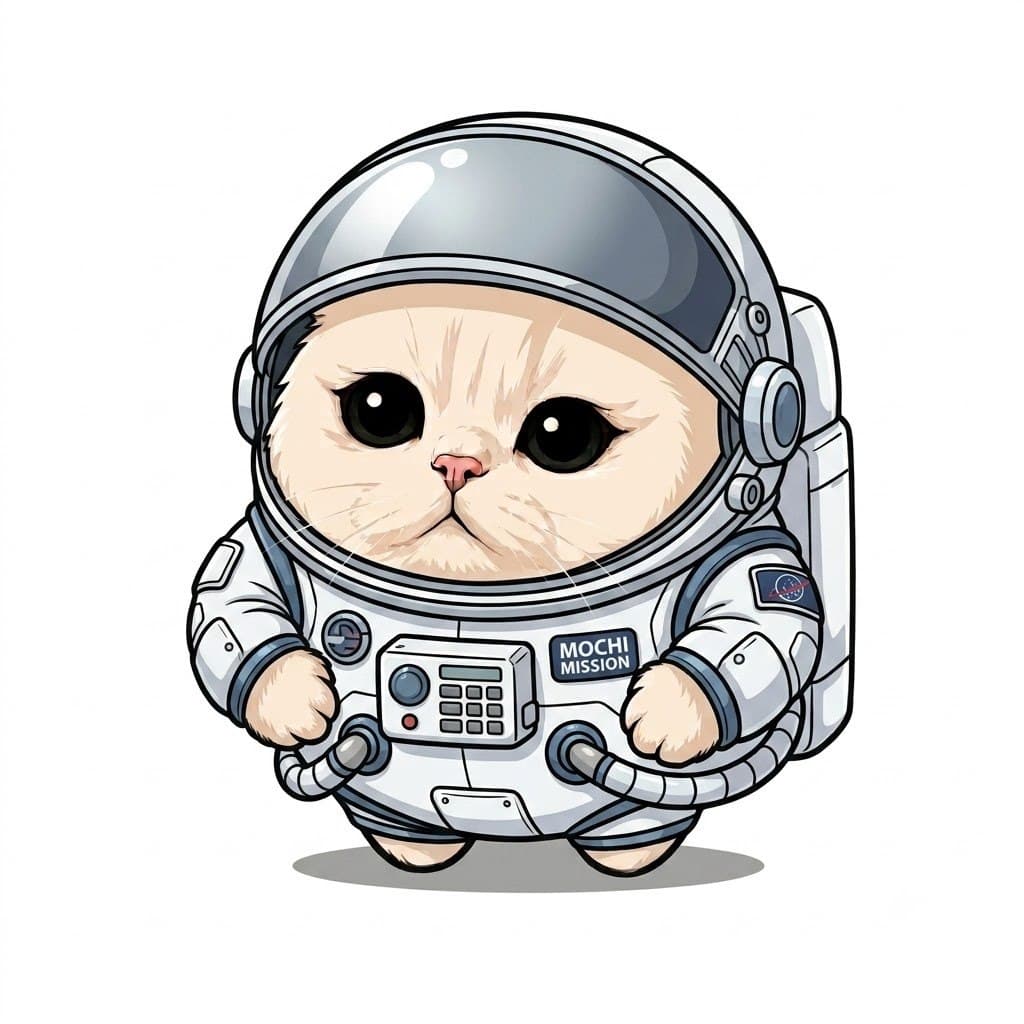 Mochi Cat in a spacesuit on the Mochi Mission