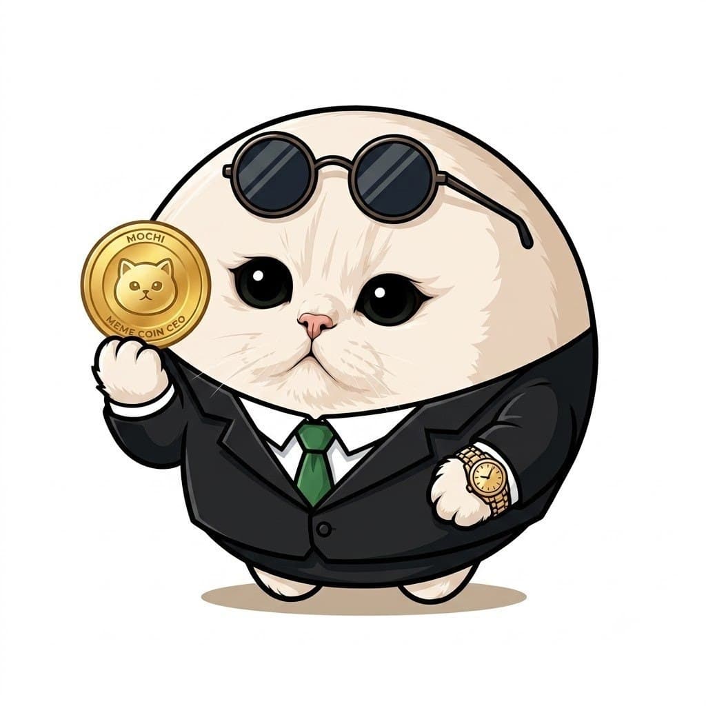 Mochi Cat as meme coin CEO holding a gold MOCHI coin